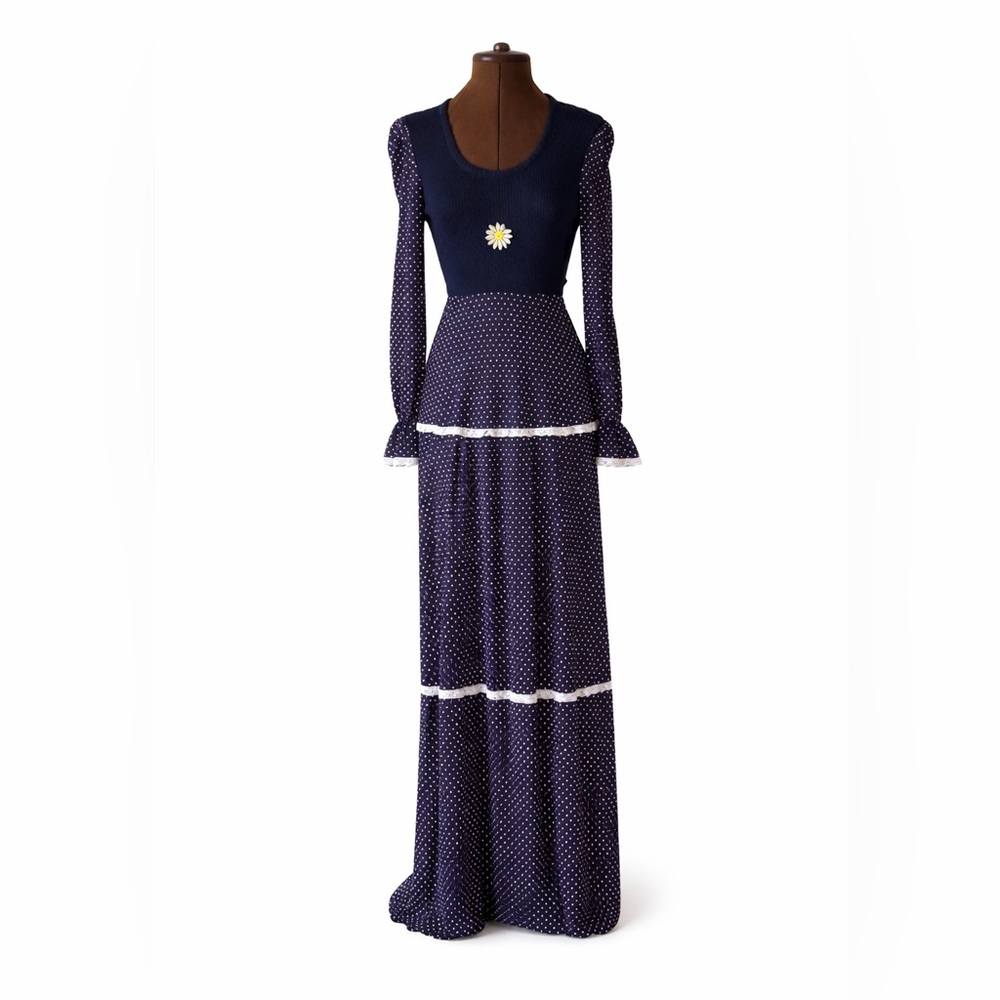 Vintage 70s Blue Polka Dot Tiered Daisy Dress S  